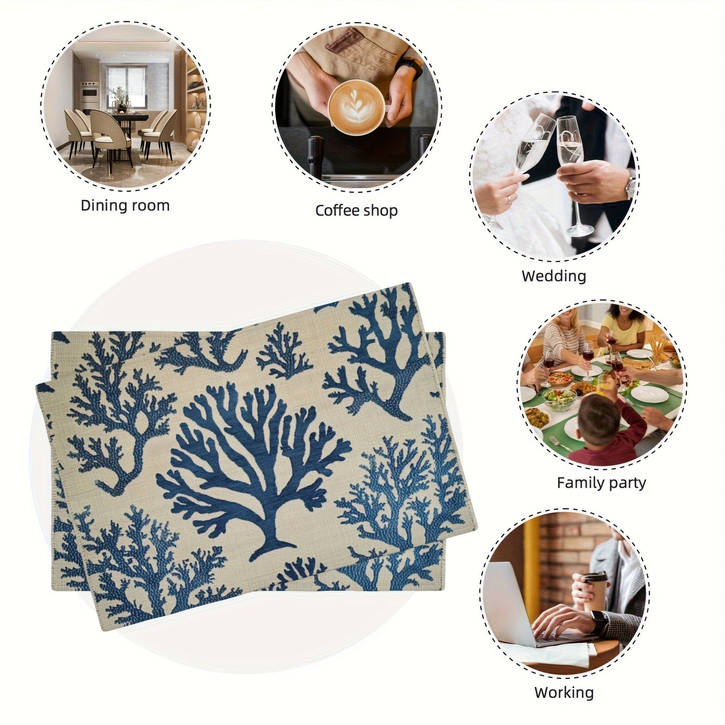 Blue Coral Placemats – Set of 4 Linen Table Mats, 12"x18"