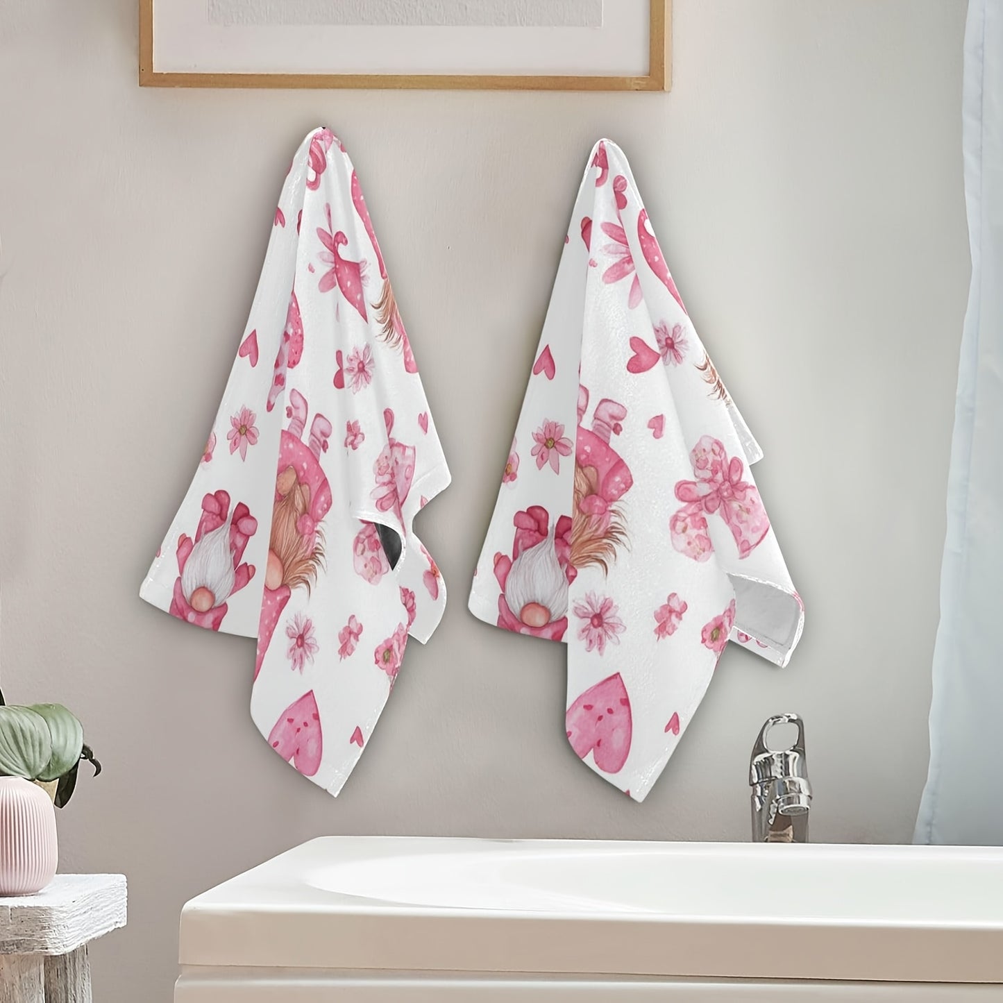 Whimsical 16x24 inch polyester Valentine's Day hand towels featuring pink-hatted gnomes with hearts and florals for holiday décor – Coastal Pillows Plus.