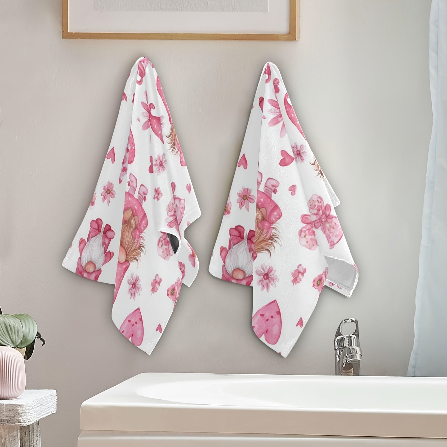 Whimsical 16x24 inch polyester Valentine's Day hand towels featuring pink-hatted gnomes with hearts and florals for holiday décor – Coastal Pillows Plus.