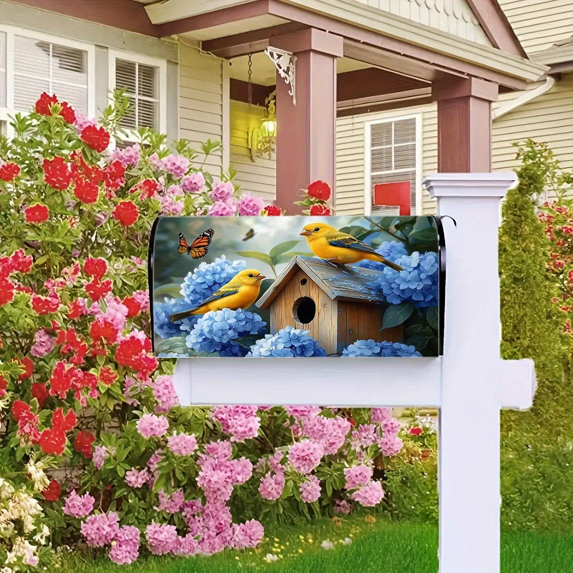 Finch and Hydrangea Mailbox Cover – Adjustable Buckle, 18" x 21"