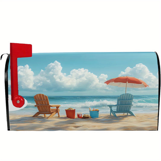Summer Beach Adirondack Chairs Magnetic Mailbox Cover – Ocean Waves & Umbrella Design (21x18")
