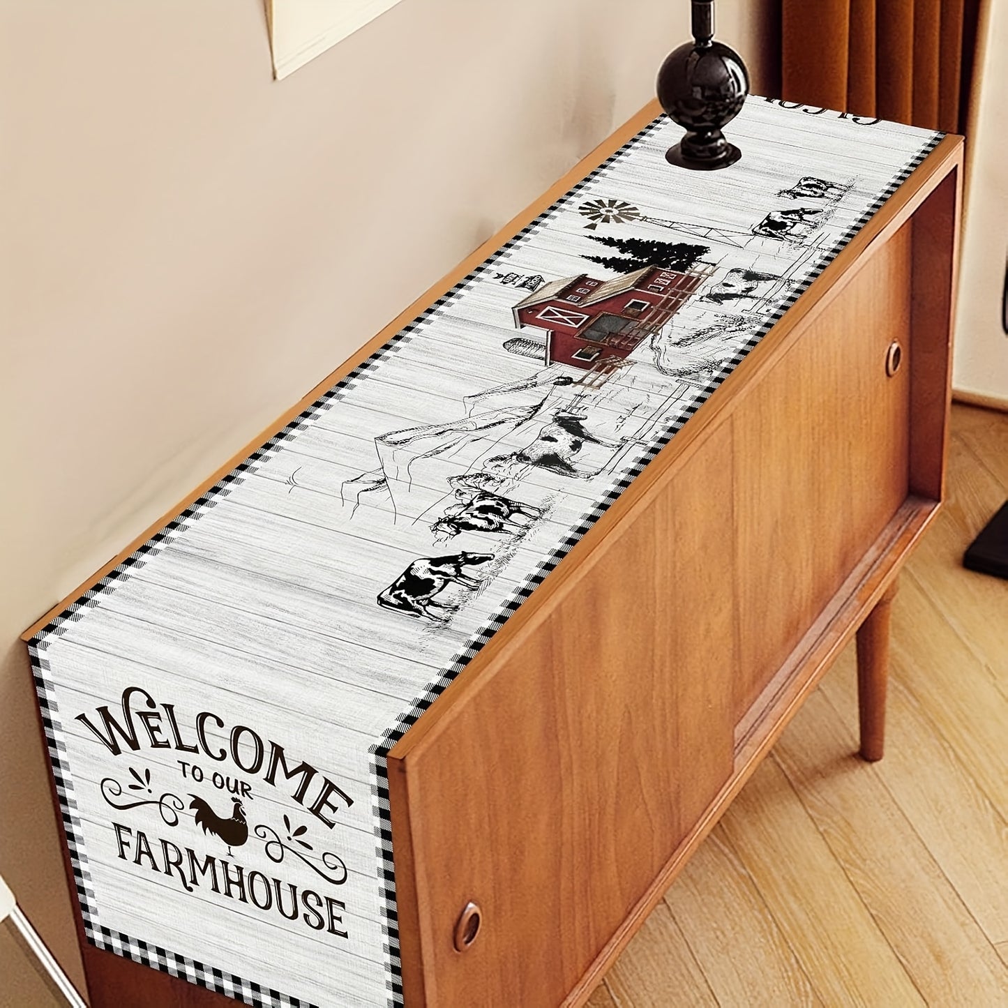 “Welcome to Our Farmhouse” Design with Checkered Border –  100% Linen Table Runner, 13x48/72"