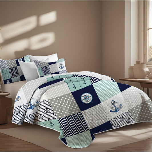 Naval Patchwork-Style Quilt Set – 2/3-Piece Quilt & Pillowcases