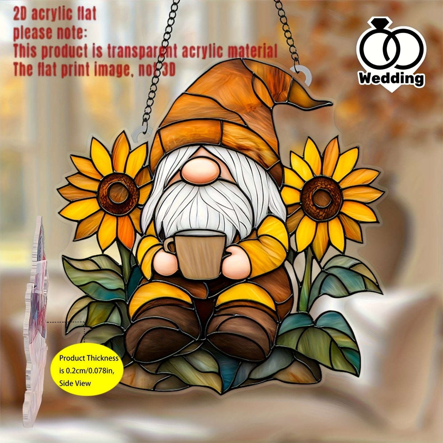 Fall Gnome Sunflower Acrylic Suncatcher – Window Hanging, 6"