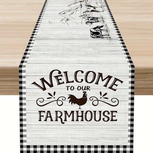 “Welcome to Our Farmhouse” Design with Checkered Border –  100% Linen Table Runner, 13x48/72"
