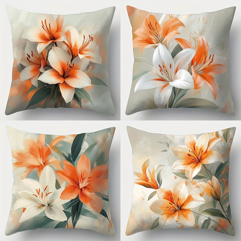 Watercolor Lily Pillow Cover – Vertical Arrangement, Orange & White Floral Print, 18"x18"