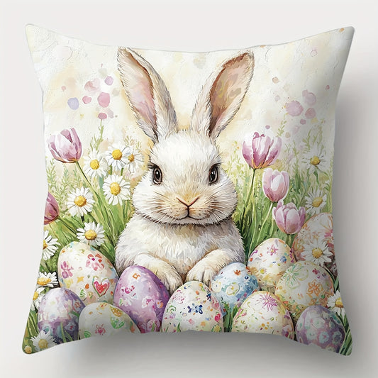 Endearing 18x18 inch Easter pillowcase with bunnies, chicks, lambs, eggs, and pastel floral patterns, styled on sofas or chairs for spring and Easter décor – Coastal Pillows Plus
