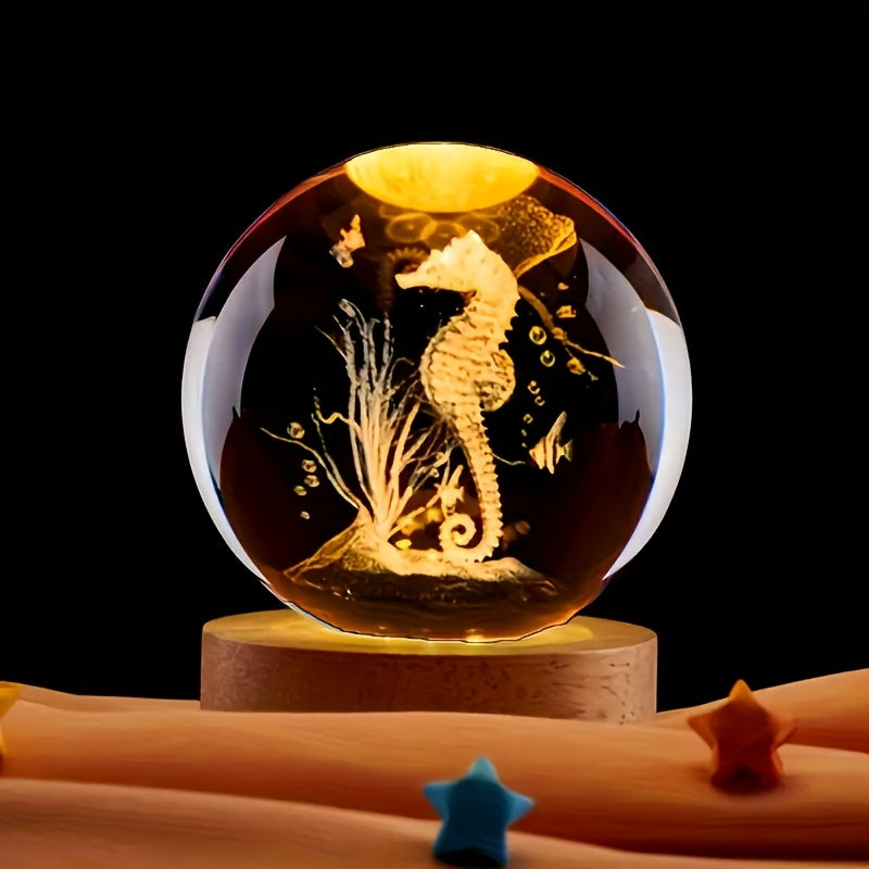 3D Seahorse Crystal Night Light – Color-Changing LED with Bamboo Base, 2"x3"