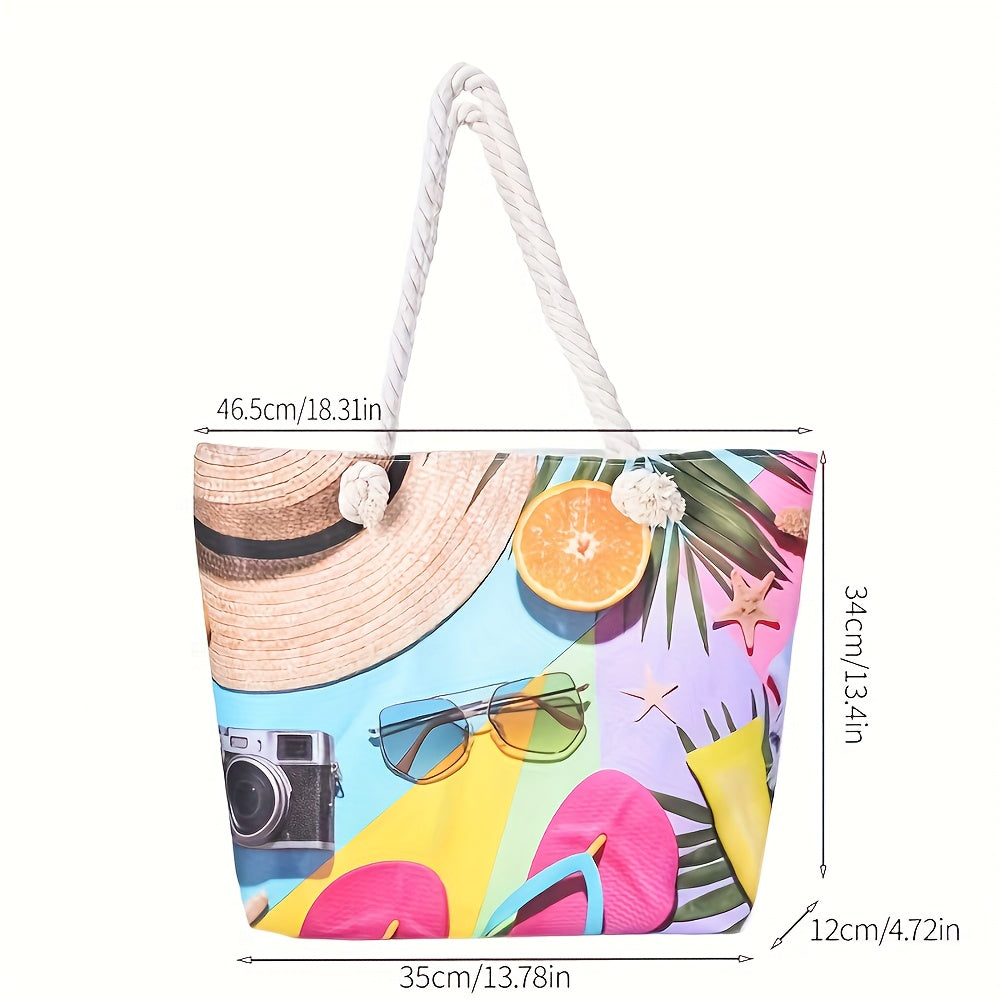 Large 14-Inch Starfish & Shells Nylon Tote | Zipper Closure with Rope Handles