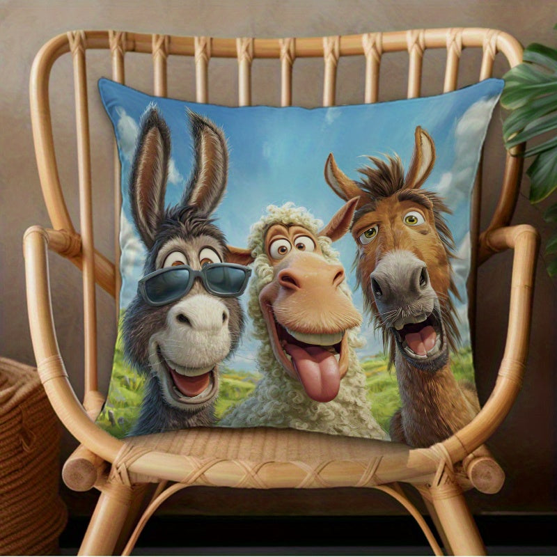 Farm Friends Selfie Pillow Cover – Donkey Mid-Laugh, 18"x18"