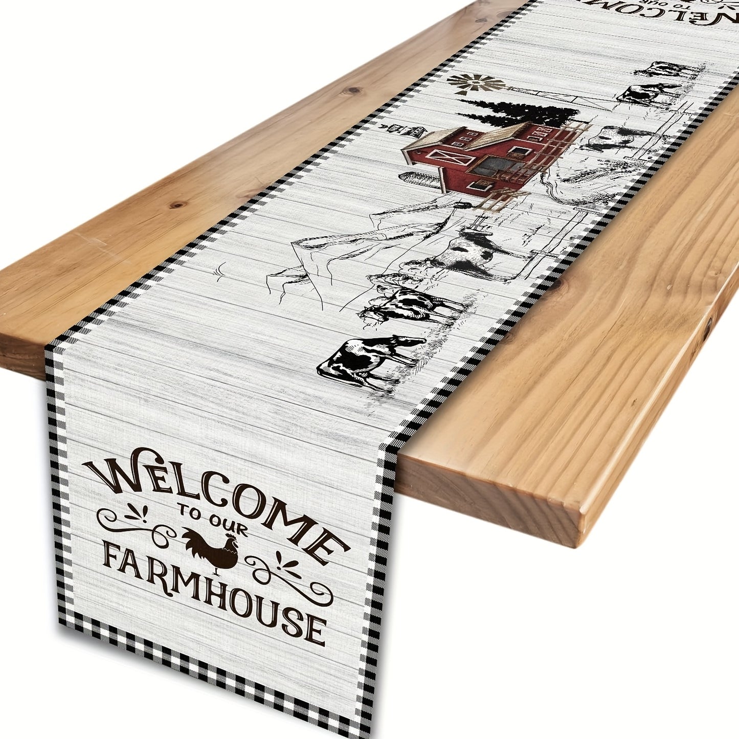 “Welcome to Our Farmhouse” Design with Checkered Border –  100% Linen Table Runner, 13x48/72"
