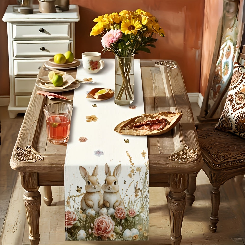 Festive 13x72 / 13x108 inch Easter table runner with bunnies, decorated eggs, and pink roses styled on a dining table for spring holiday décor – Coastal Pillows Plus