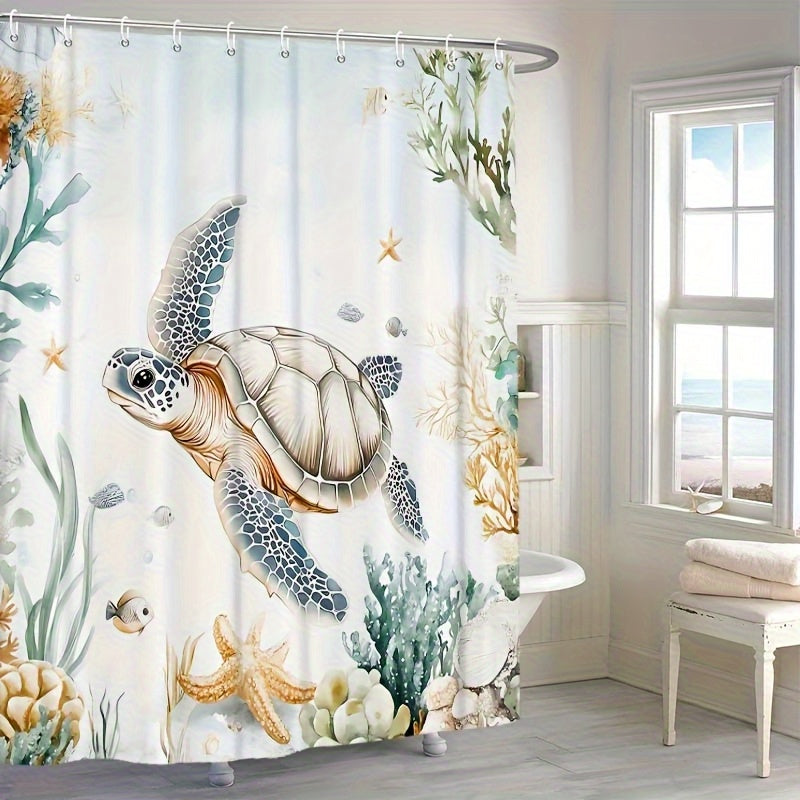4-Piece Sea Turtle Shower Curtain Set – Non-Slip Mats & Hooks