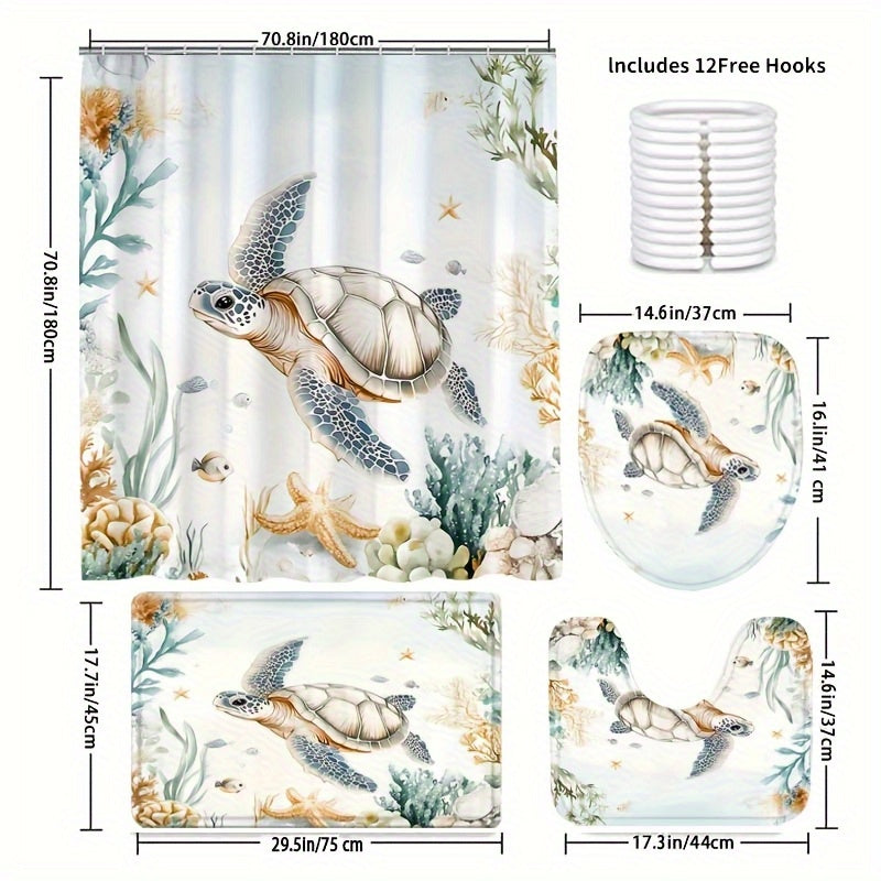 4-Piece Sea Turtle Shower Curtain Set – Non-Slip Mats & Hooks
