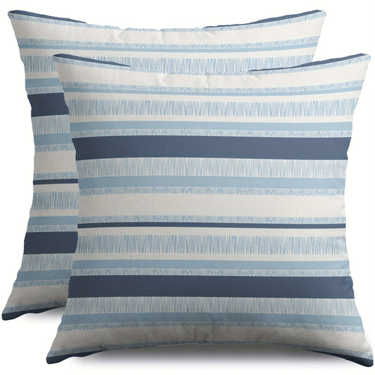 Linen Coastal Striped Pillow Covers – Light Blue & White Nautical Design, 18x18"