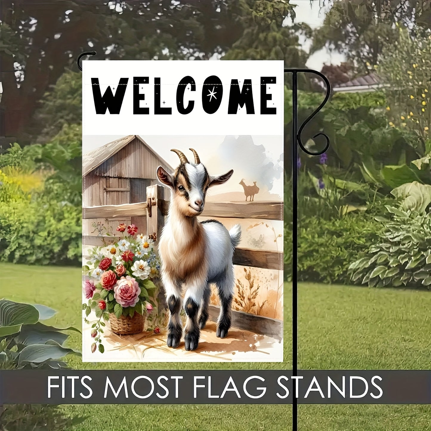 Welcome Goat & Flowers Garden Flag – 12" x 18"
