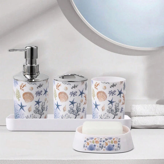 5-Piece Nautical Bathroom Accessory Set – Conch Shell, Starfish & Coral Design