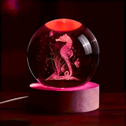 Luminous Color-Changing 3D Seahorse Crystal Night Light with Bamboo Base for Coastal Tabletop Decor, 2x3" - Coastal Pillows Plus
