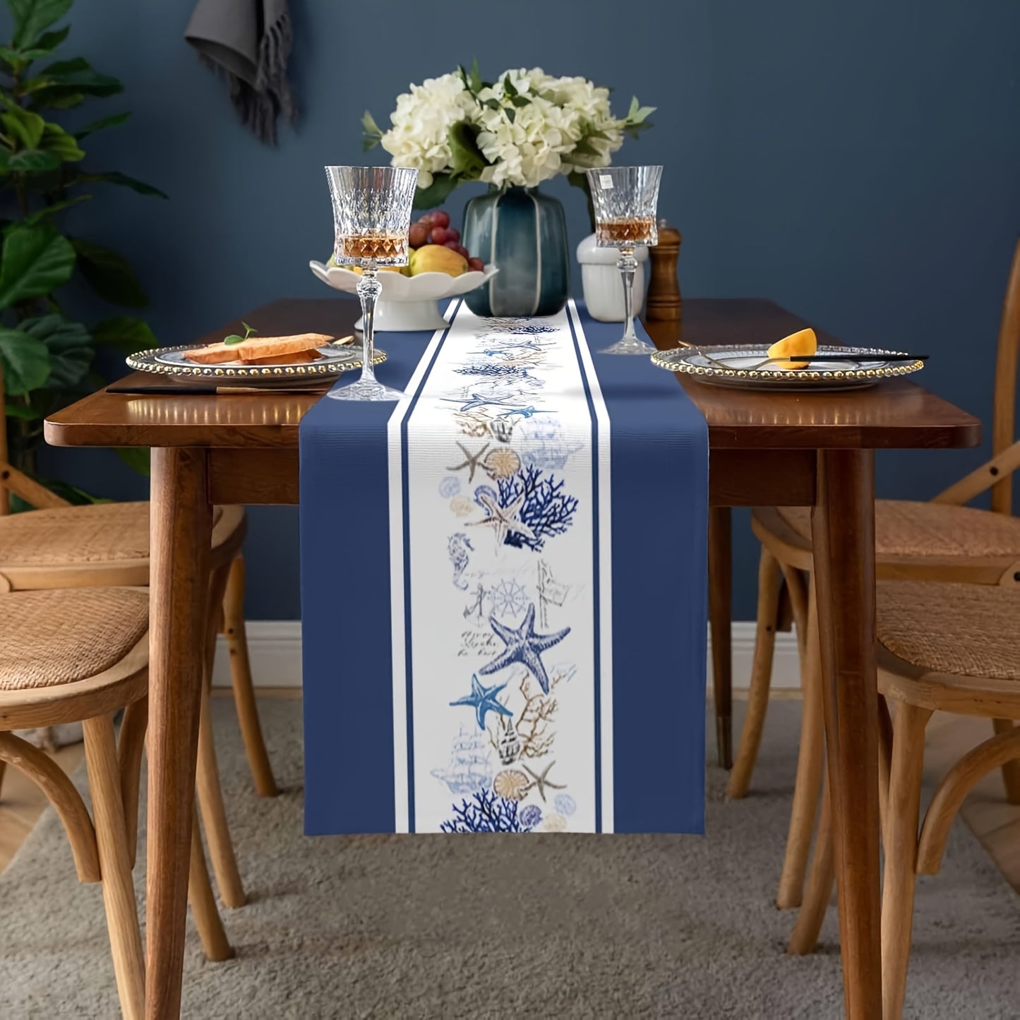 Navy Blue Stripe Table Runner – Classic Nautical, 13" x 48" / 13" x 72" / 13" x 108"