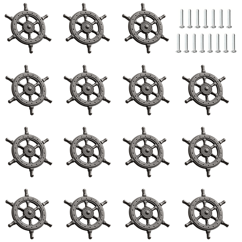 15-piece set of antique bronze ship helm cabinet handles featuring a vintage maritime design for a coordinated nautical décor look.