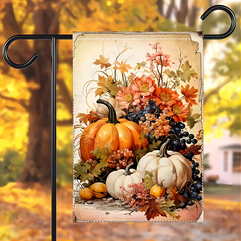 Vibrant 12x18 inch polyester garden flag with an autumn pumpkin and leaves still-life design for Thanksgiving décor – Coastal Pillows Plus.