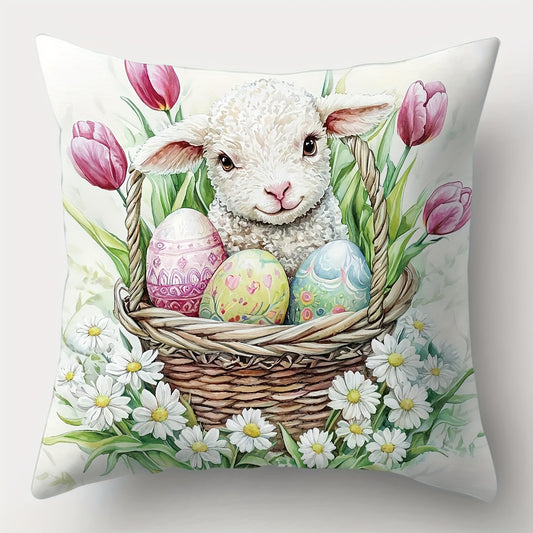 Endearing 18x18 inch Easter pillowcase with bunnies, chicks, lambs, eggs, and pastel floral patterns, styled on sofas or chairs for spring and Easter décor – Coastal Pillows Plus