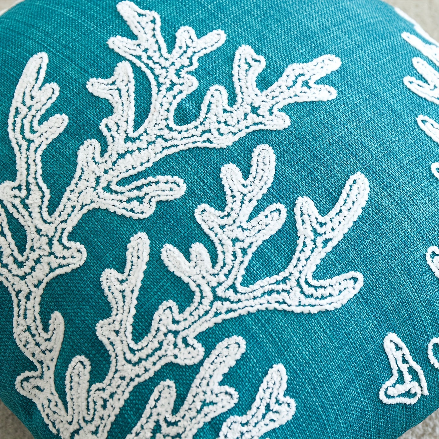 Coral Embroidered Pillow Cover – 18x18 Inch Teal Coastal Accent