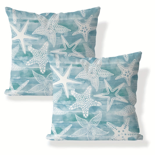 Linen Starfish on Blue Background Pillow Covers – 18x18 Inch Coastal Beach Decor