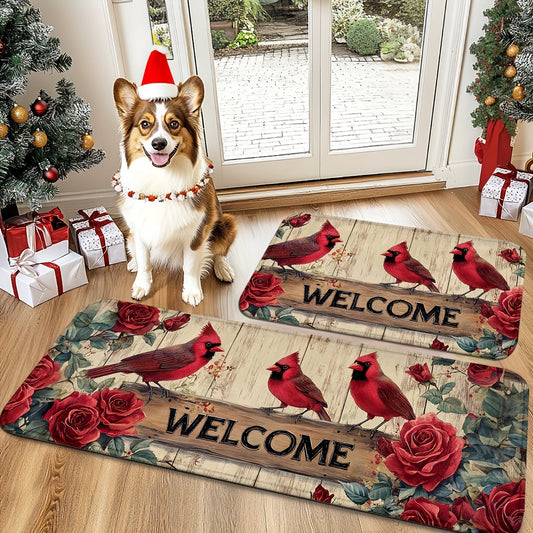 Christmas Red Cardinal & Rose Doormat, 1.5'x2.5' / 1.5'x4'