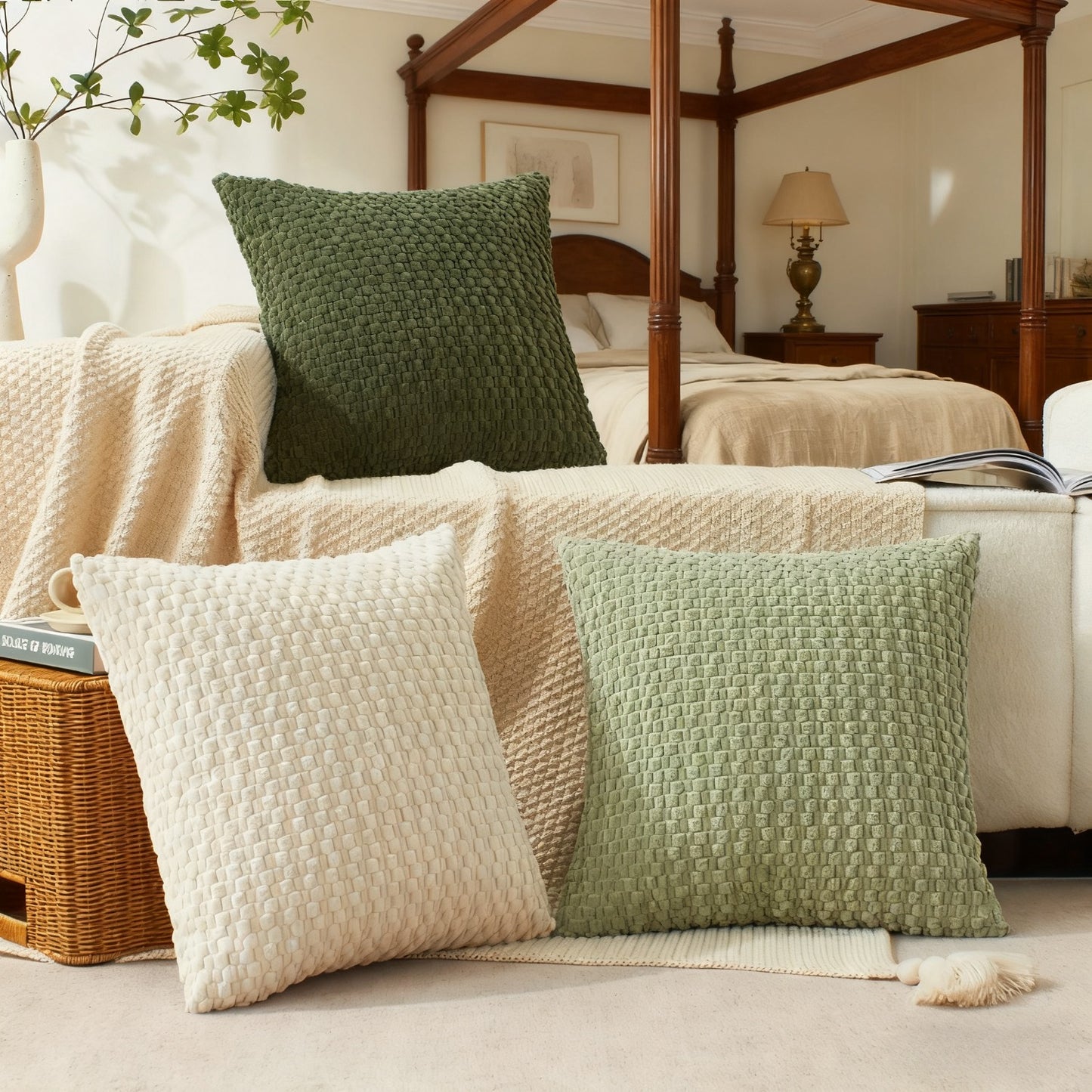 Grounded 18x18 inch cotton pillow covers in sage green, olive, beige, and white with plush corduroy and chunky knit textures for coastal décor – Coastal Pillows Plus.