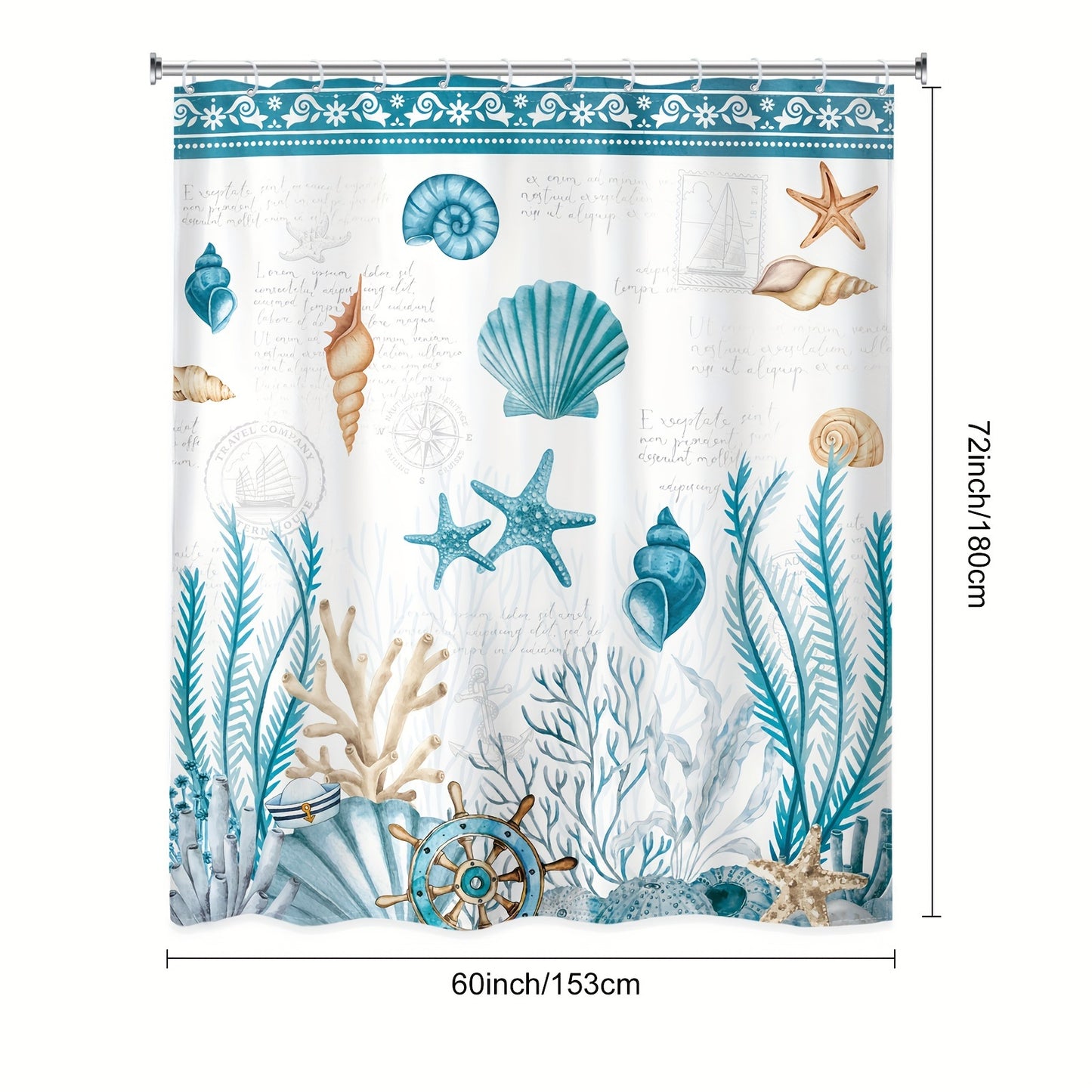 Illustrated Seashell & Coral Shower Curtain Set (4-Piece) – Blue & Teal