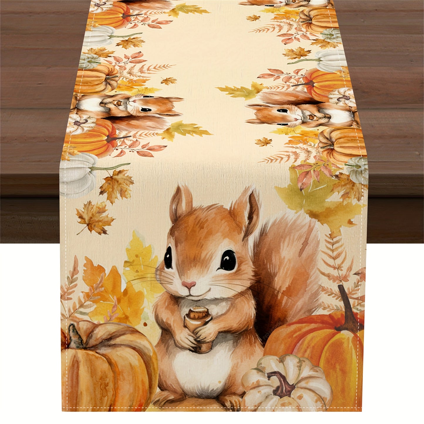 Hand-Painted Autumn Table Runner – Squirrel, Pumpkin & Fall Leaves, 13x72/108"