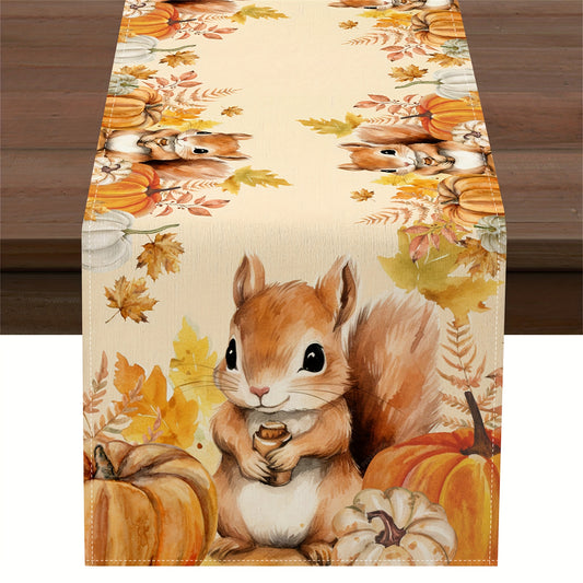 Hand-Painted Autumn Table Runner – Squirrel, Pumpkin & Fall Leaves, 13x72/108"