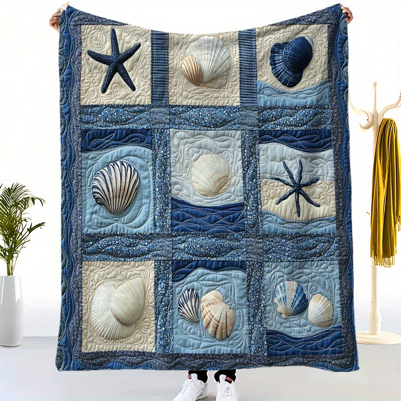 Vintage Patchwork Nautical Starfish & Seashell Flannel Blanket - Blue and Tan Coastal Tile Design, Soft Cozy Throw - Coastal Pillows Plus