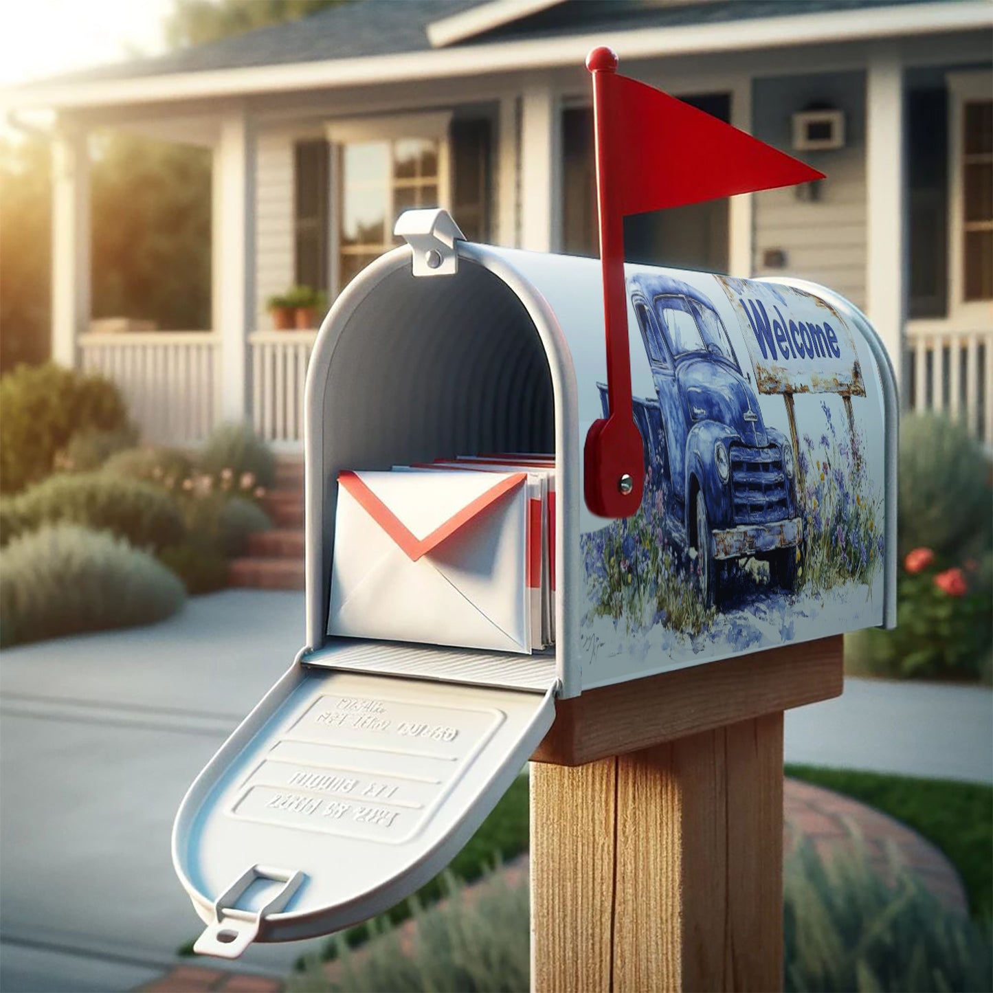 Blue Truck with Florals Mailbox Cover – Magnetic, 18" x 21"