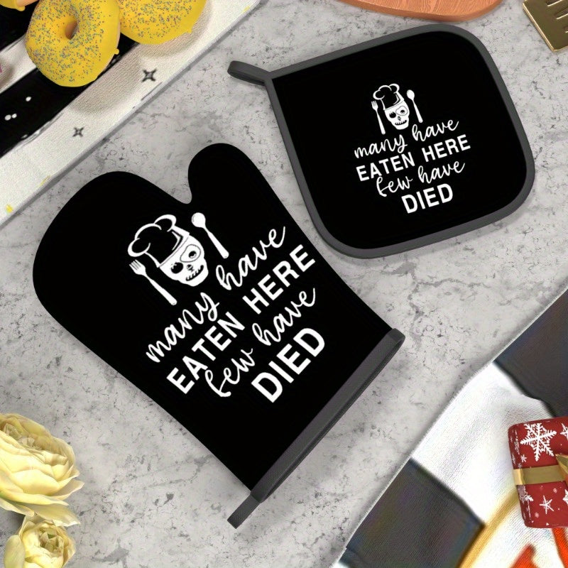 "Many have eaten here..." Heat-Resistant Oven Mitt & Pot Holder Set – Black with White