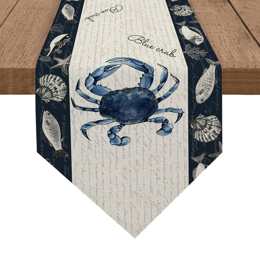 Tropical Fish & Blue Crab Design — Premium Linen Triangle Table Runner (13x72")
