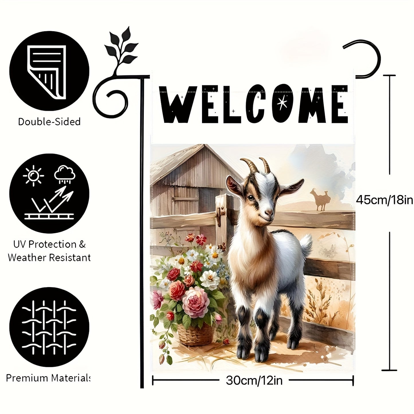 Welcome Goat & Flowers Garden Flag – 12" x 18"