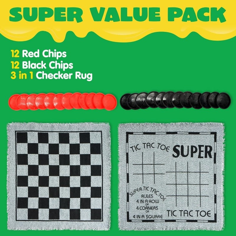 3-in-1 Giant Checkers & Tic-Tac-Toe Set – Reversible Mat for Indoor & Outdoor Fun
