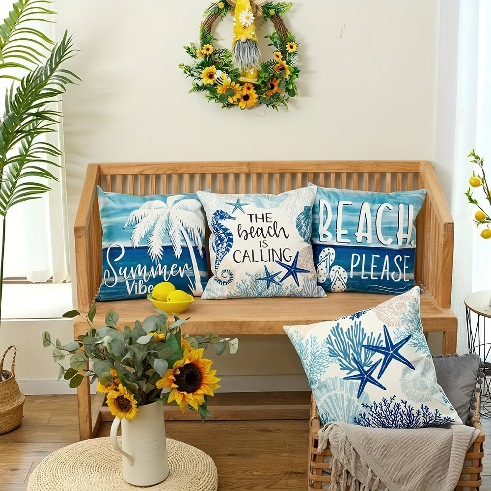 Summer Ocean Beach Pillowcase – Coastal Marine Life Design, 18x18"