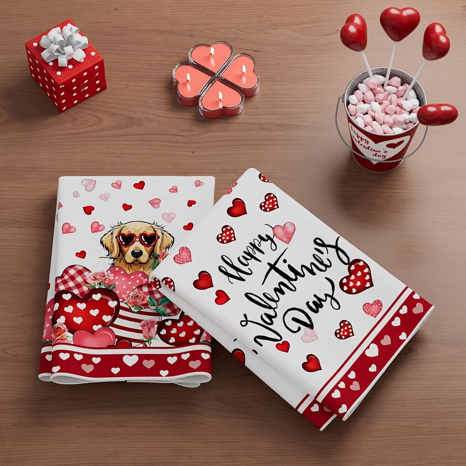Sweet 8x12 inch polyester Valentine's Day dog kitchen towels with golden retriever in heart sunglasses and roses for pet-friendly décor – Coastal Pillows Plus.