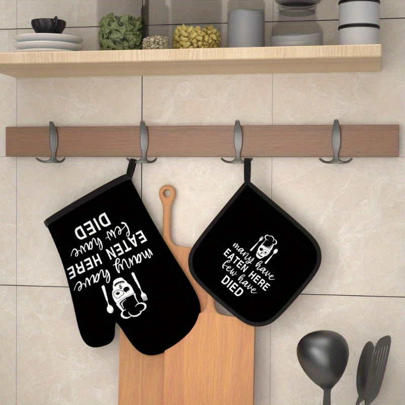 "Many have eaten here..." Heat-Resistant Oven Mitt & Pot Holder Set – Black with White