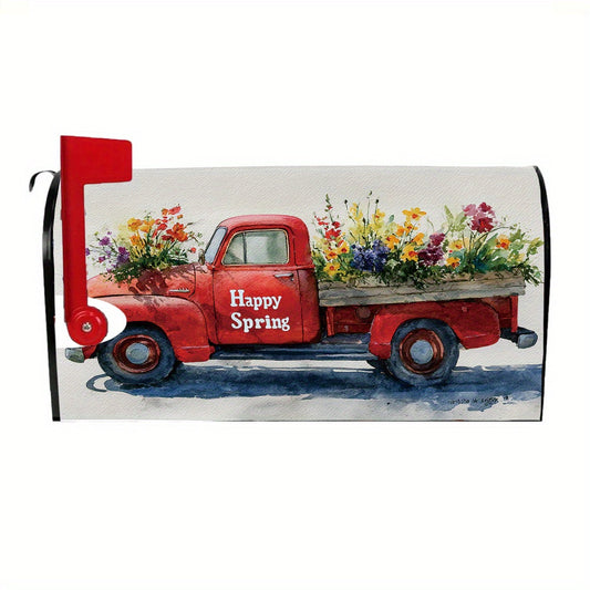 Farmhouse-Style Spring Red Truck Mailbox Cover – "Happy Spring" Design, 18x21"