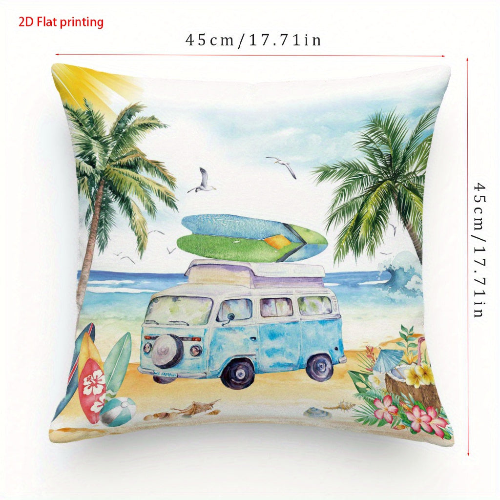 Vintage Beach Scene Throw Pillow Cover – Surfboard, Palm Trees & Blue Van Design, 18x18"