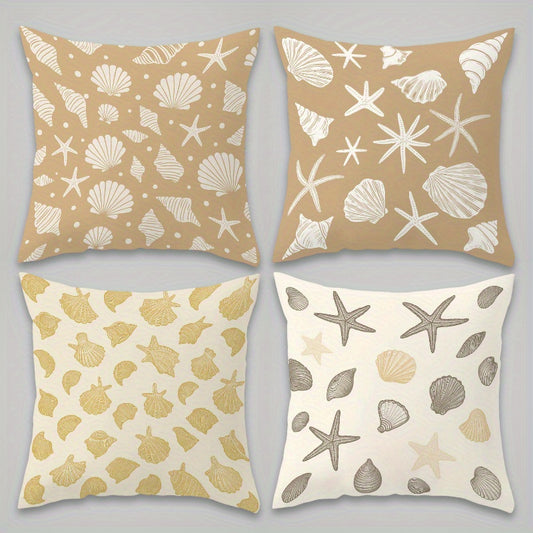 Retro Marine Throw Pillow Covers – Starfish & Shells, Beige, Gold & White, 18x18"