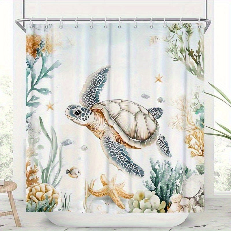 4-Piece Sea Turtle Shower Curtain Set – Non-Slip Mats & Hooks