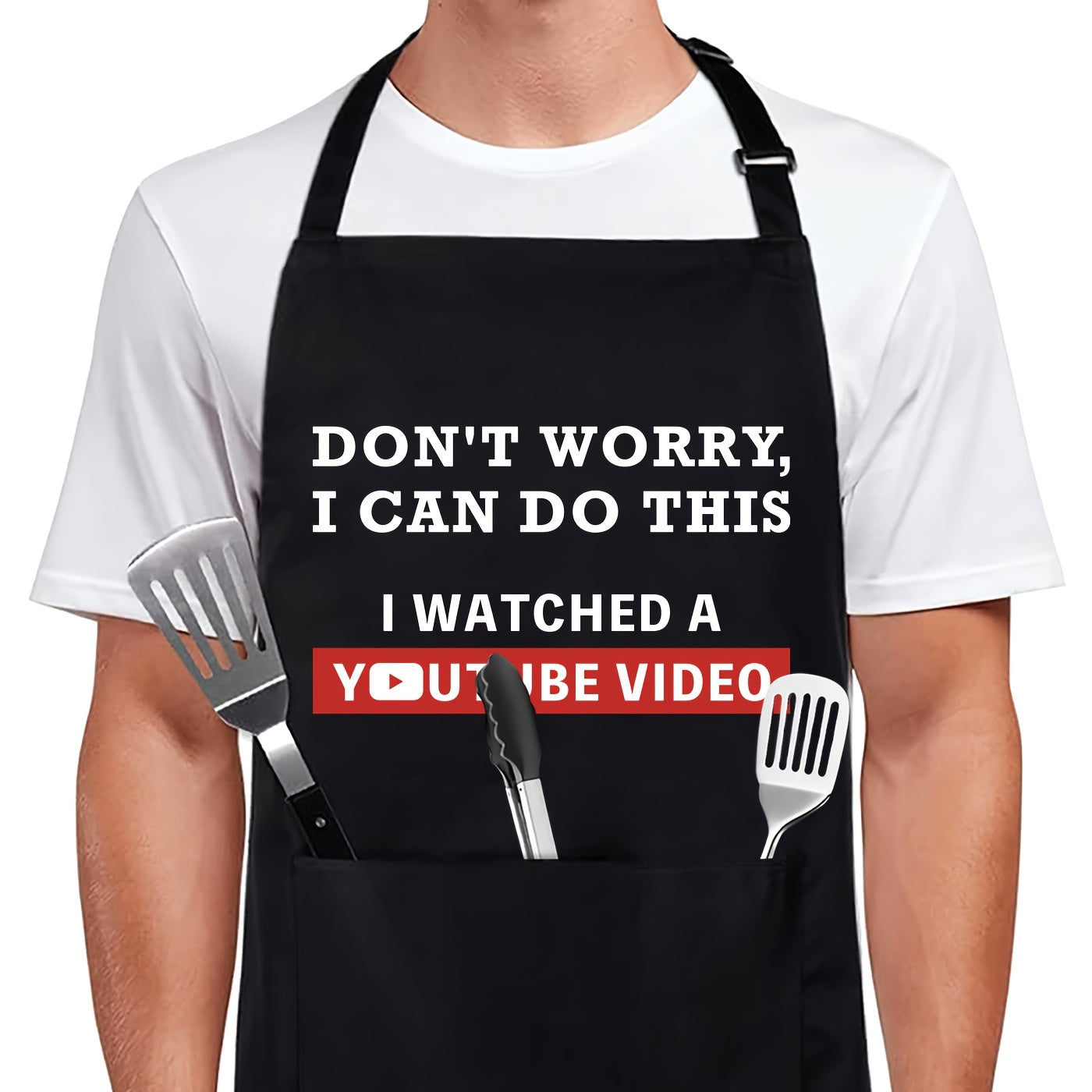 "Don't Worry, I can do this..." Black Apron – Adjustable Unisex Cooking & BBQ Apron with Pockets (25.6" x 30")