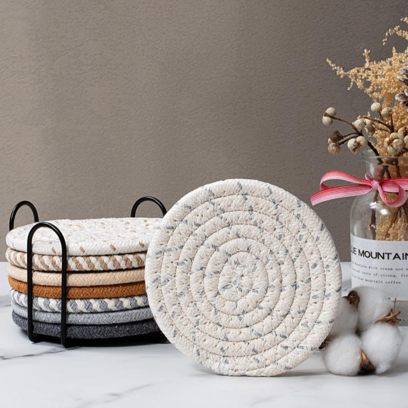 Neutral Woven Coaster Set – Absorbent with Black Holder, 4.3"