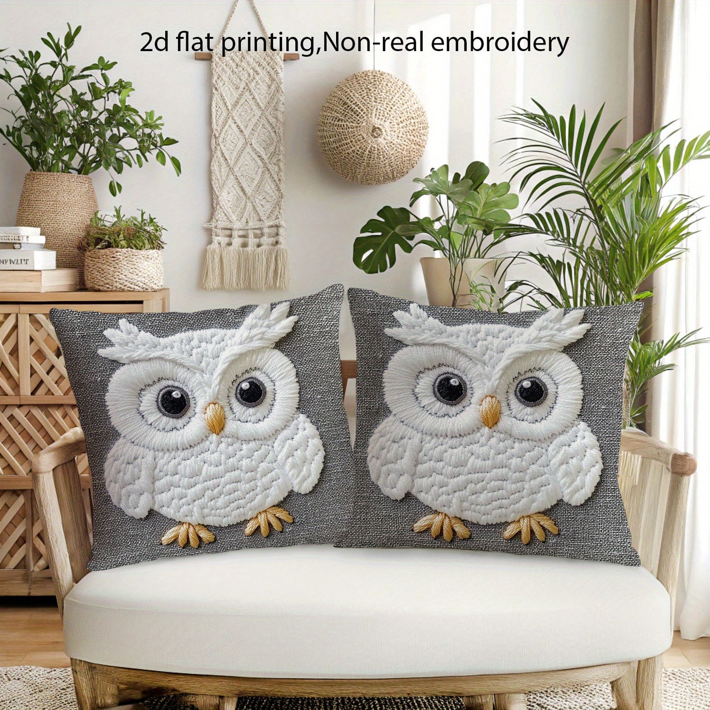 White Owl Pillow Cover – Farmhouse-Inspired Print Design, 16x16