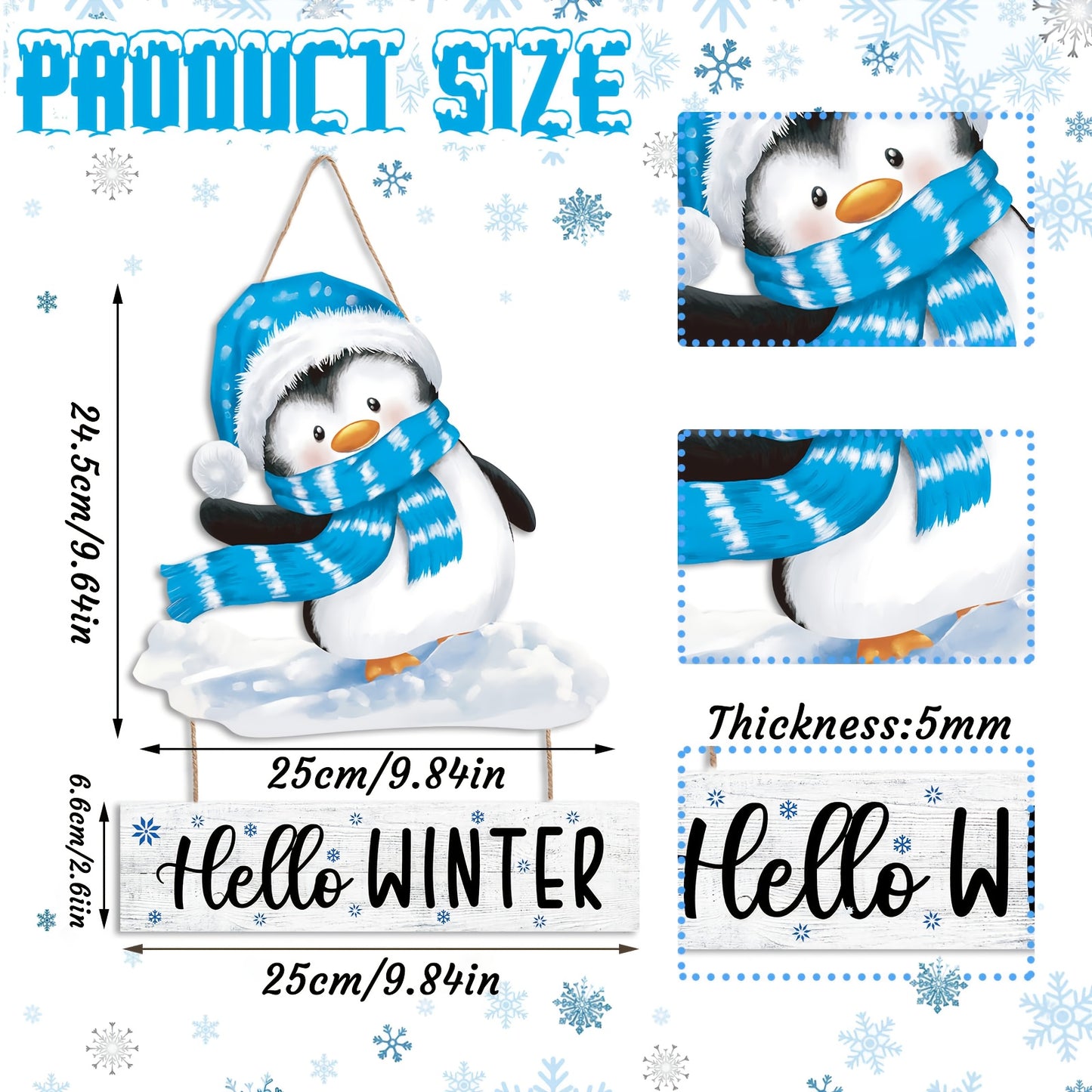 Charming 9.84 x 9.64 inch "Hello Winter" penguin door hanging featuring a snowy blue and white cut-out design for seasonal home décor.